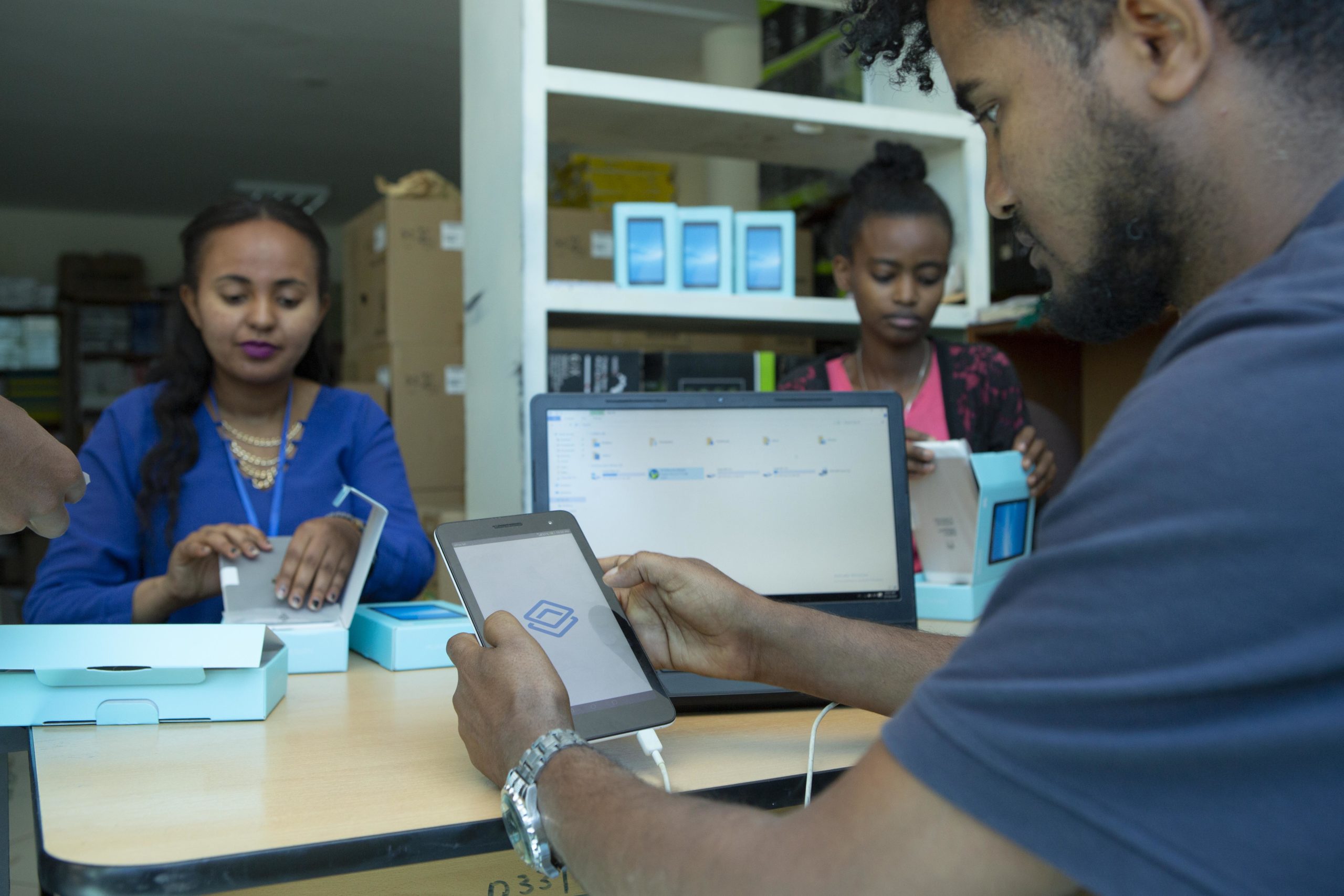 Ethiopia DUP IT Internship Program interns with tablets